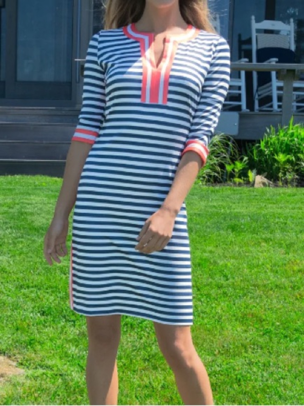Gretchen Scott Designs Navy and White Striped Midi with Coral Trim SIZE S